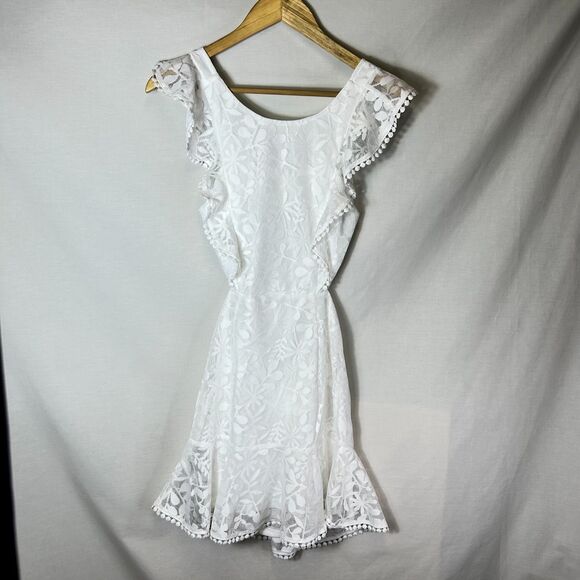 Hello Molly White Pinafore Floral Mesh Lace Open Back Mini Dress Size S - Picture 13 of 16